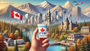 Hand holding Zyn nicotine pouches in front of Canadian landmarks